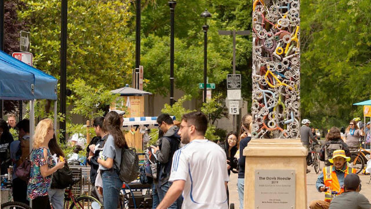Student walking his bike through downtown Davis